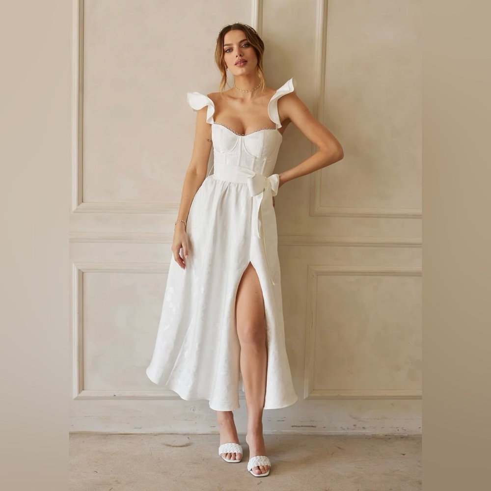 V. Chapman Vera Satin Ruffled-Sleeve Bustier Midi Dress